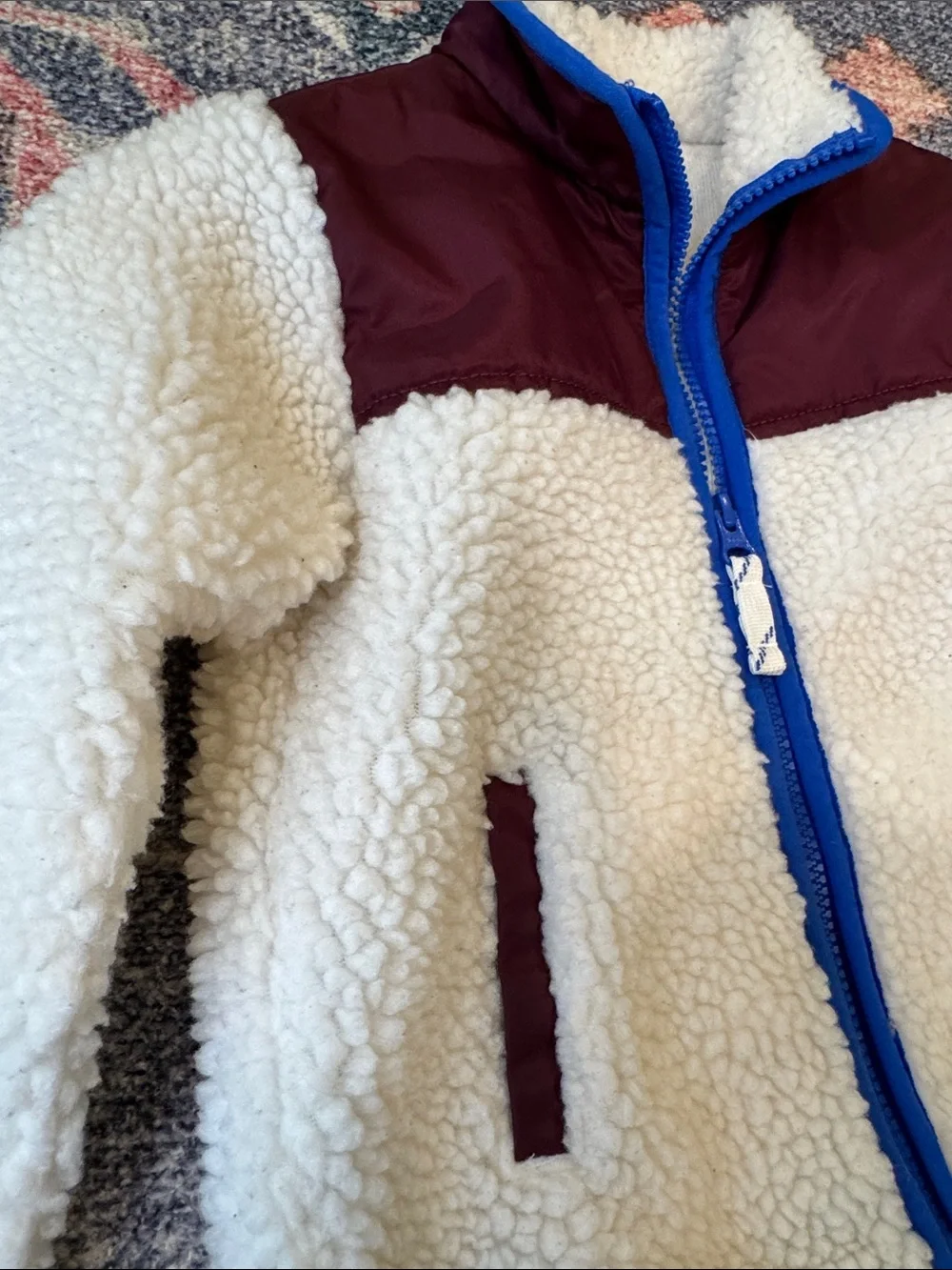 Crewcuts Cream Sherpa Jacket with Maroon Panels and Blue Trim